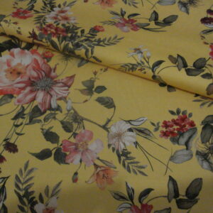 1,30mts. Tejido de gabardina en algodón con elastano f/amarillo estampado flores
