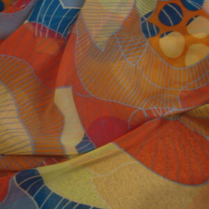 1,48mts. Gasa estampado flores coral/azul petróleo/amarillo, ancho 1.36mts