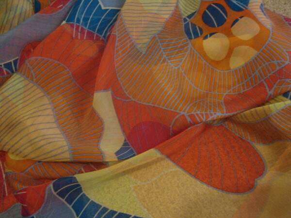 1,48mts. Gasa estampado flores coral/azul petróleo/amarillo, ancho 1.36mts