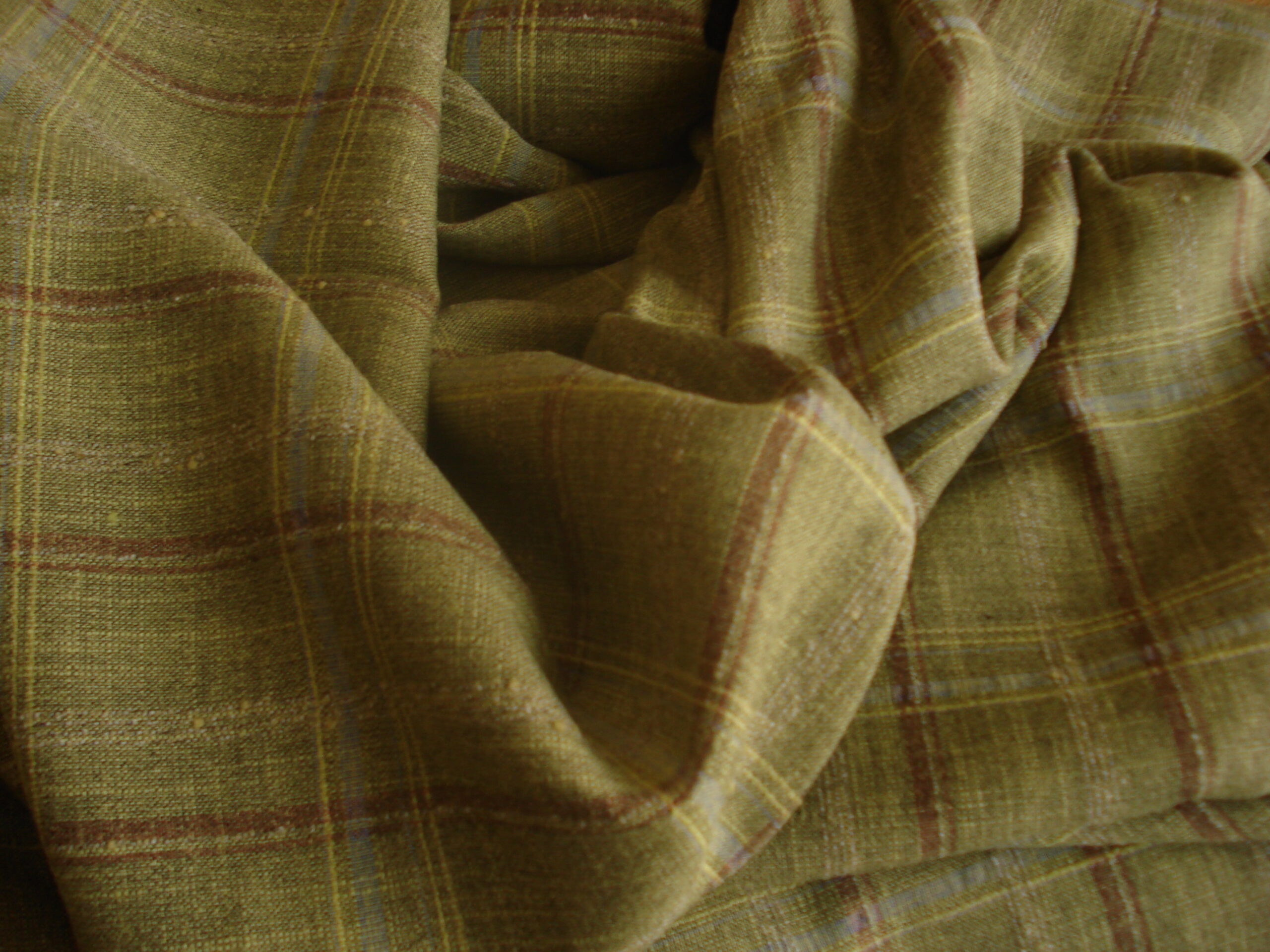 Tejido en fibra/algodón/lino cuadros f/verde, ancho 1.46mts.