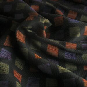 Tejido f/negro cuadros c/naranja, verde, lila, ancho 1.50mts.