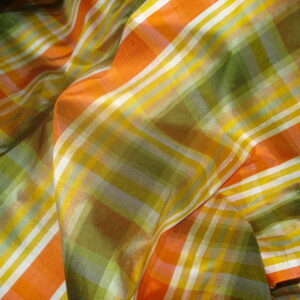 Tejido seda salvaje cuadros naranja/verde/mostaza/blanco, ancho 1,35mts