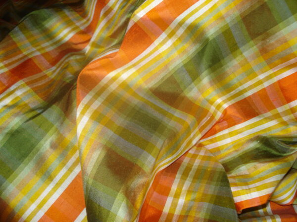Tejido seda salvaje cuadros naranja/verde/mostaza/blanco, ancho 1,35mts
